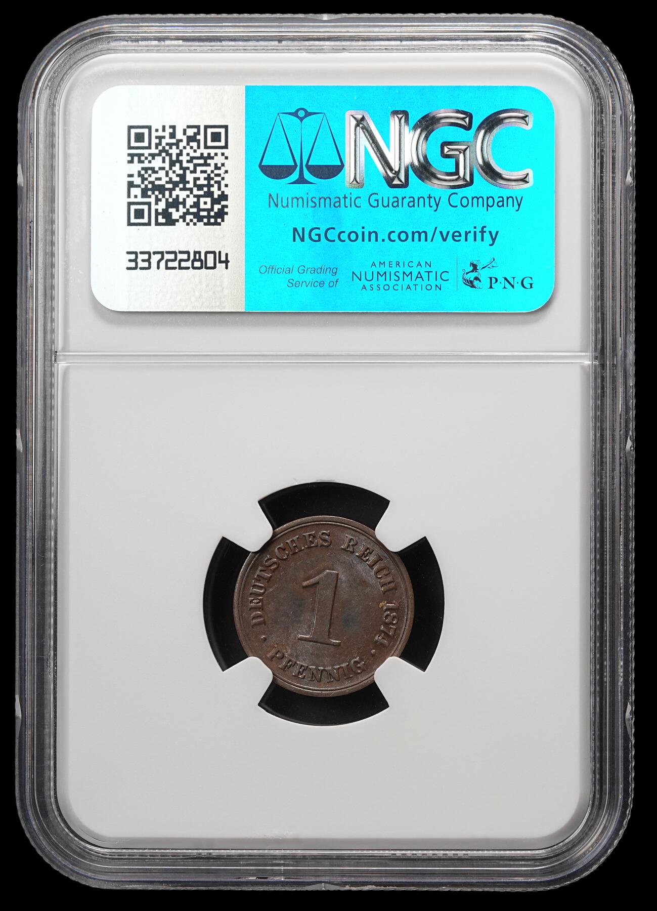 修遠堂世界钱币第四十八期 全场包邮 NGC MS62BN 1874年德国1芬尼铜币 B厂铭