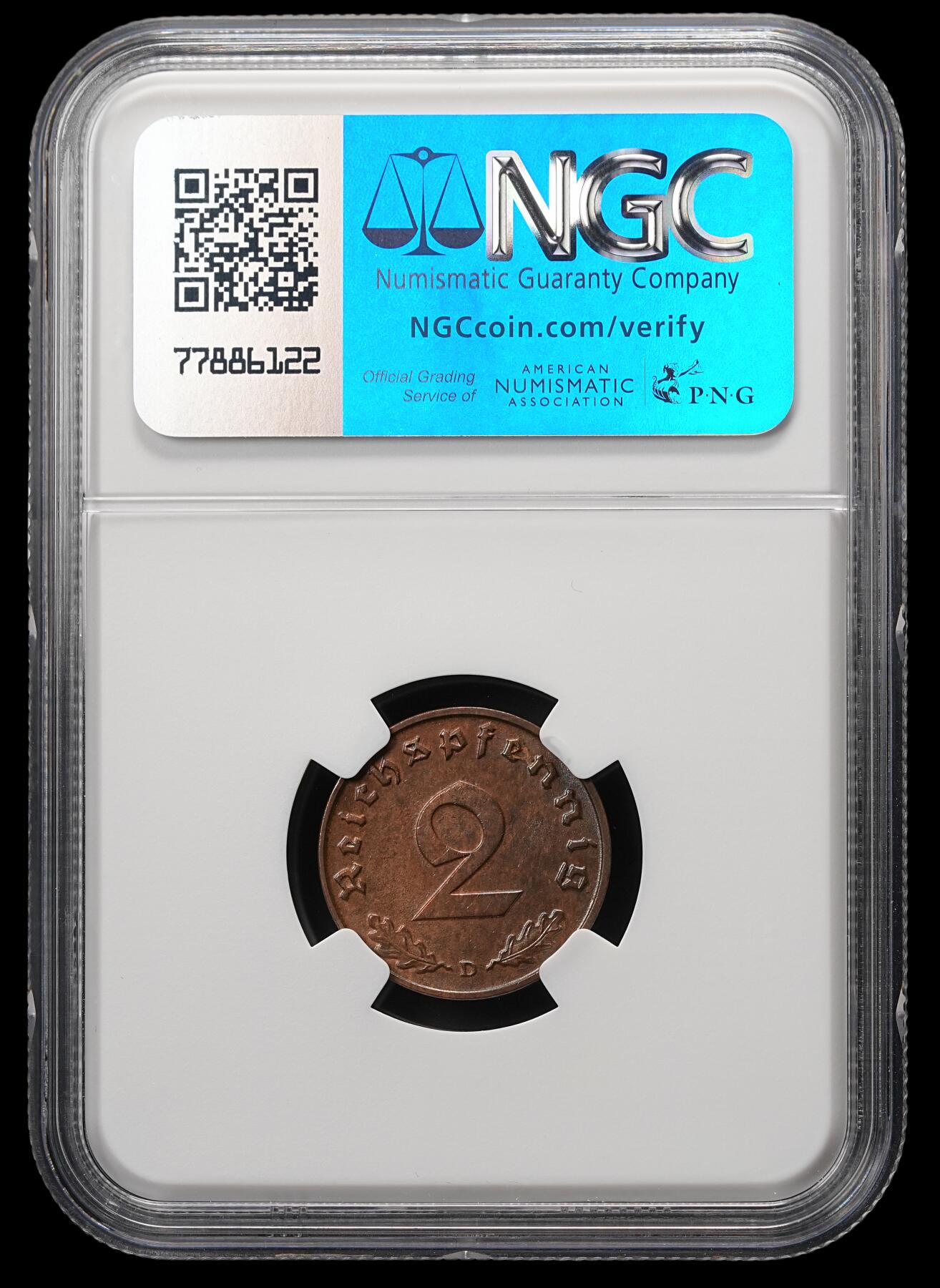 修遠堂世界钱币第四十八期 全场包邮 NGC MS61BN 1939年德三2芬尼铜币 D厂铭