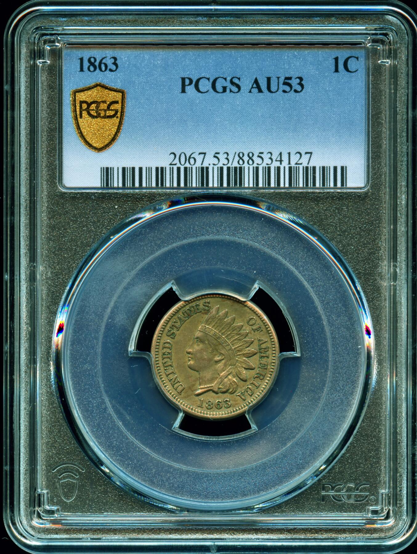 PCGS评级AU55美国1863年1美分铜镍币深打好品清晰的羽毛原汁原味老包浆