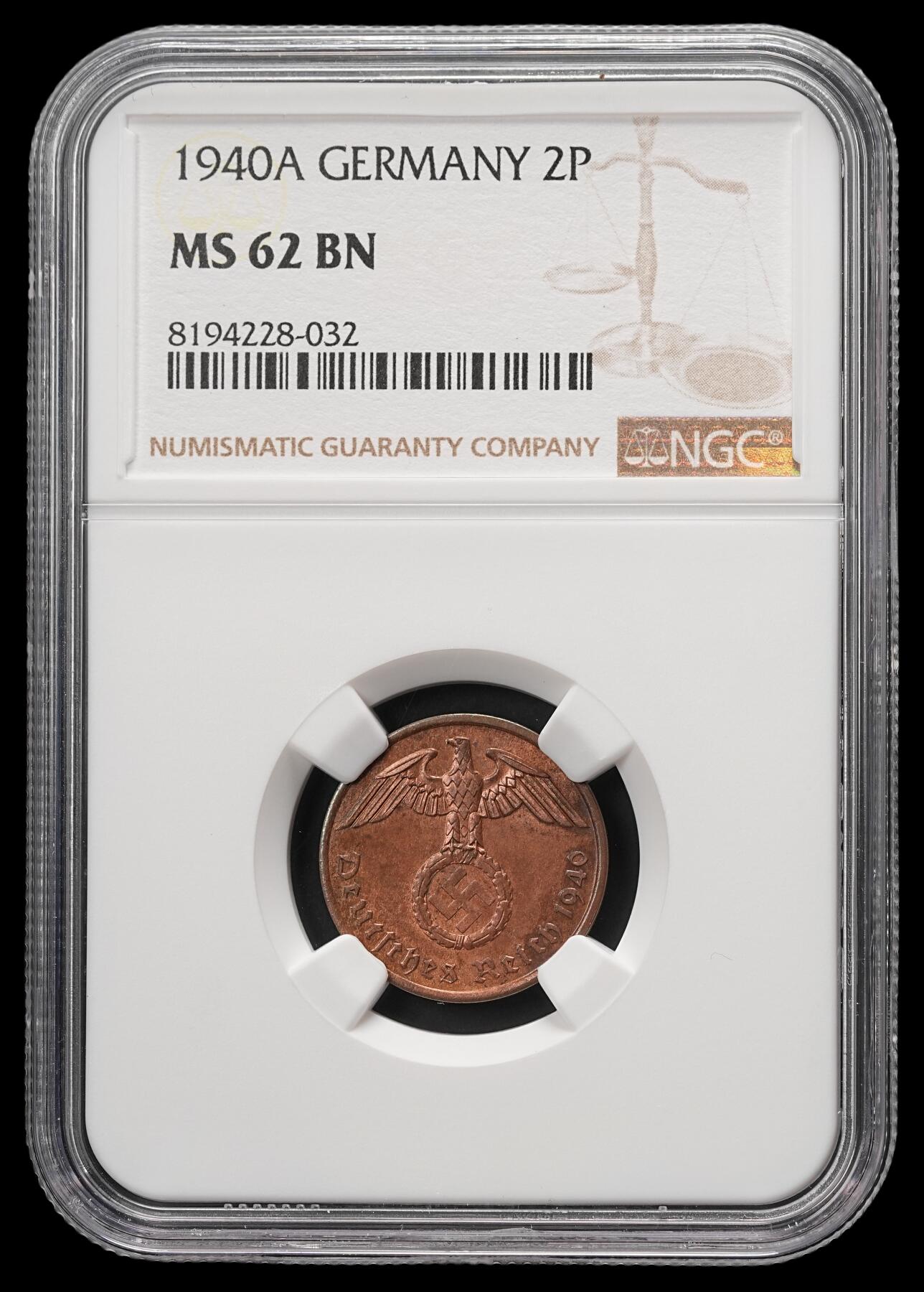 修遠堂世界钱币第四十八期 全场包邮 NGC MS62BN 1940年德三2芬尼铜币 A厂铭