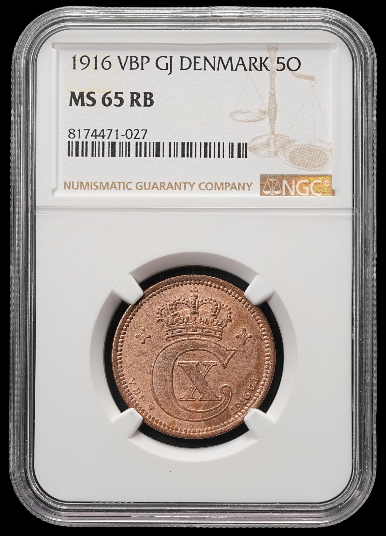 修遠堂世界钱币第四十八期 全场包邮 NGC MS65RB 1916年丹麦5欧尔铜币 较少见年份 铸造量只有80多万枚
