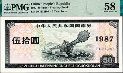 宜和2024年秋季拍卖会-纸币专场 1987年中华人民共和国国库券一组4枚：伍圆、拾圆、伍拾圆、壹佰圆各1枚，分别为PMG 45；PMG 58；PMG 58/Ink；PMG 55 EPQ