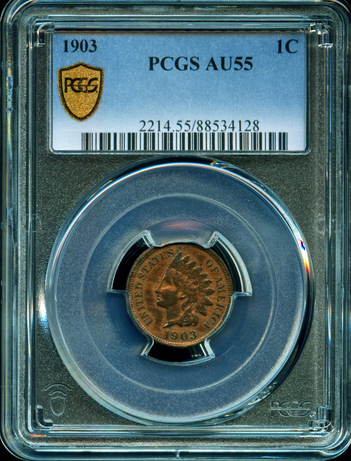 PCGS评级AU55美国1903年一美分铜币原味老包浆