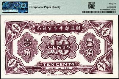 宜和2024年秋季拍卖会-纸币专场 民国十二年（1923年）财政部平市官钱局财政部版壹角一组2枚，分别为PMG 55/Annotation北京地名券与PMG 66 EPQ无地名券