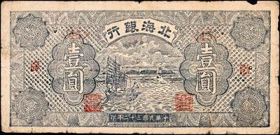 宜和2024年秋季拍卖会-纸币专场 民国三十二年（1943年）北海银行蓝色帆船图壹圆，渤海地名，字轨，资深藏家出品，原票，六品