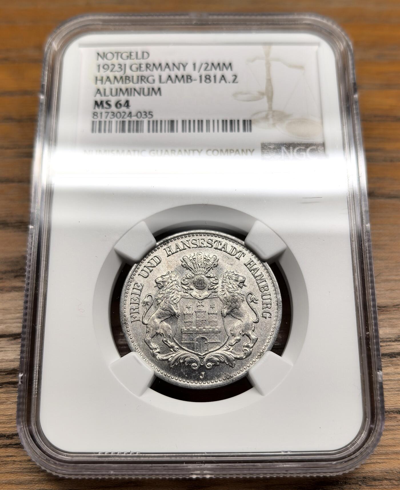凡希社世界钱币微拍第二百九十一期 1923德紧汉堡50万马克铝币NGC-MS64