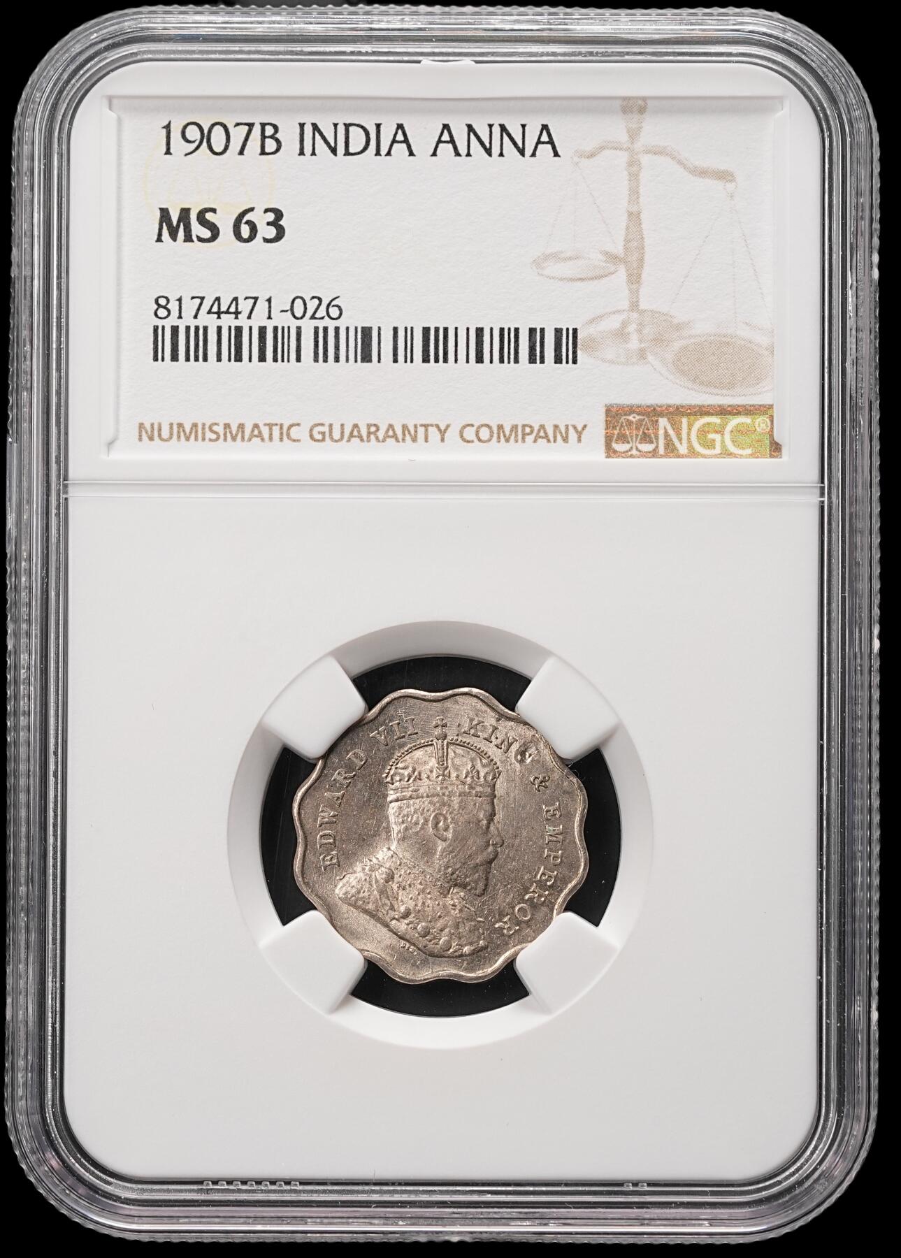 修遠堂世界钱币第四十八期 全场包邮 NGC MS63 1907年英属印度1 ANNA 少见年份
