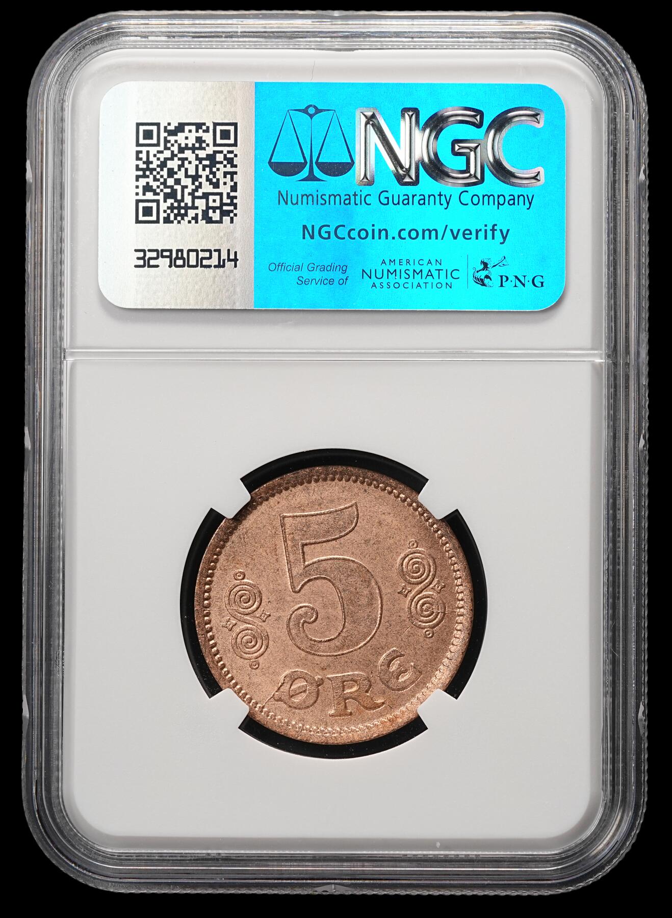 修遠堂世界钱币第四十八期 全场包邮 NGC MS65RB 1916年丹麦5欧尔铜币 较少见年份 铸造量只有80多万枚