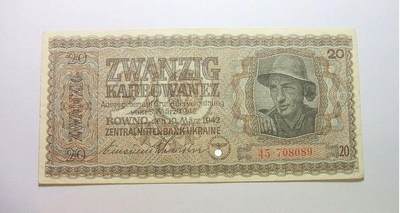 德国第三帝国占乌克兰1942年20卡博瓦内斯（等同20马克） 极美品 - 德国第三帝国占乌克兰1942年20卡博瓦内斯（等同20马克） 极美品