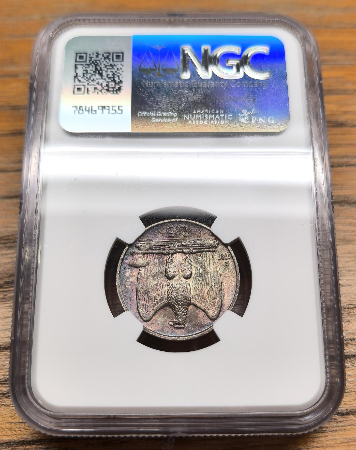 凡希社世界钱币微拍第二百九十一期 1927意大利鹰执束棒5里拉银币NGC-MS63