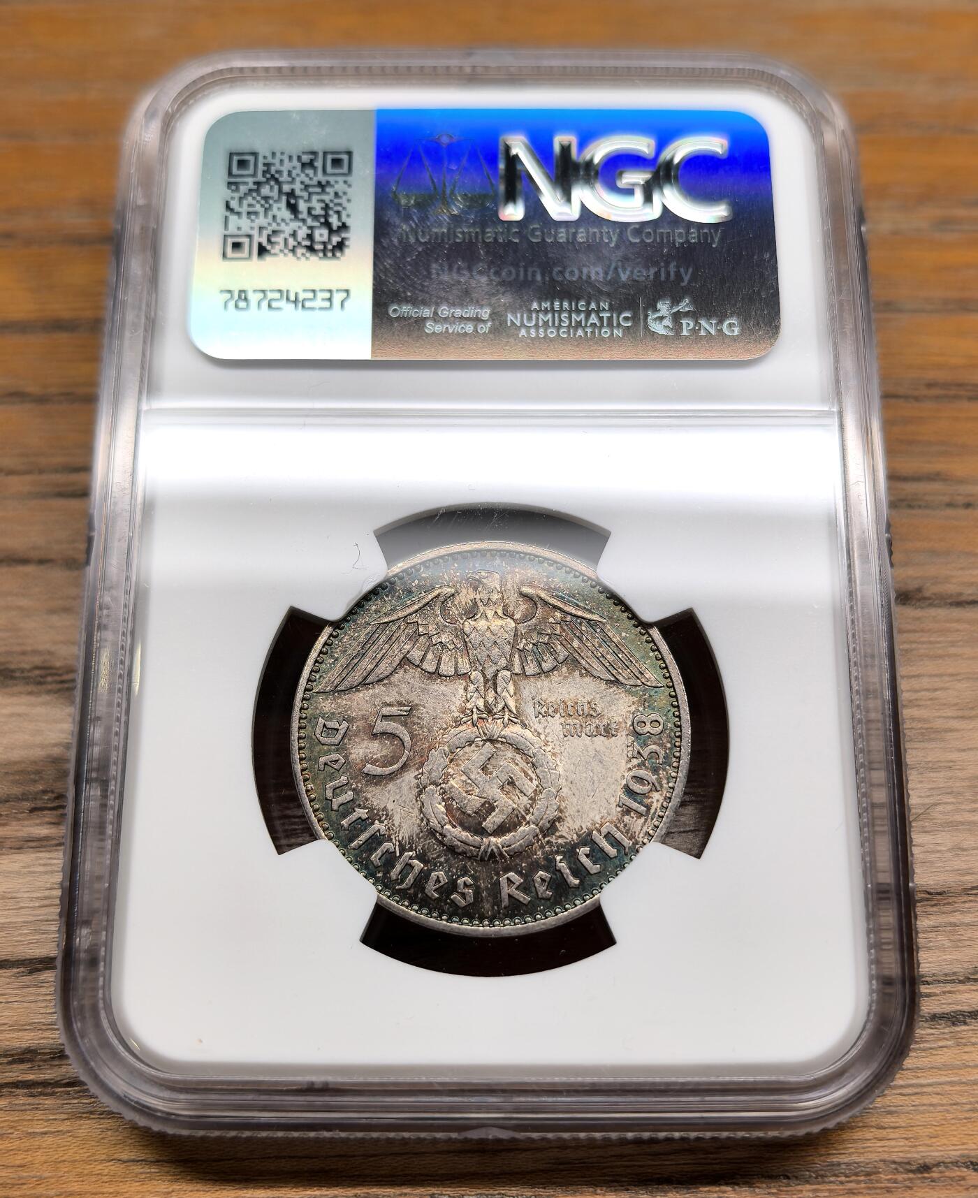 凡希社世界钱币微拍第二百九十一期 1938J德国兴登堡万字5马克NGC-MS62