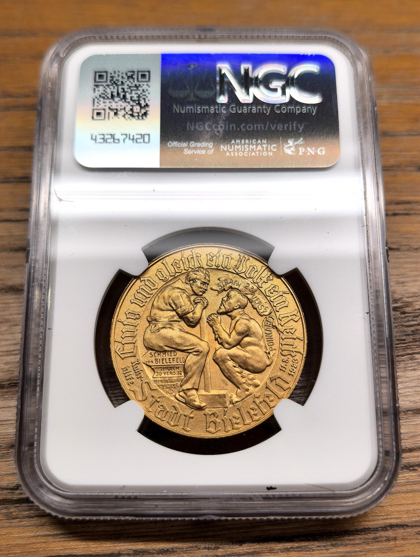 凡希社世界钱币微拍第二百九十一期 1923德紧威斯特伐利亚一百万马克镀金铜币NGC-MS65