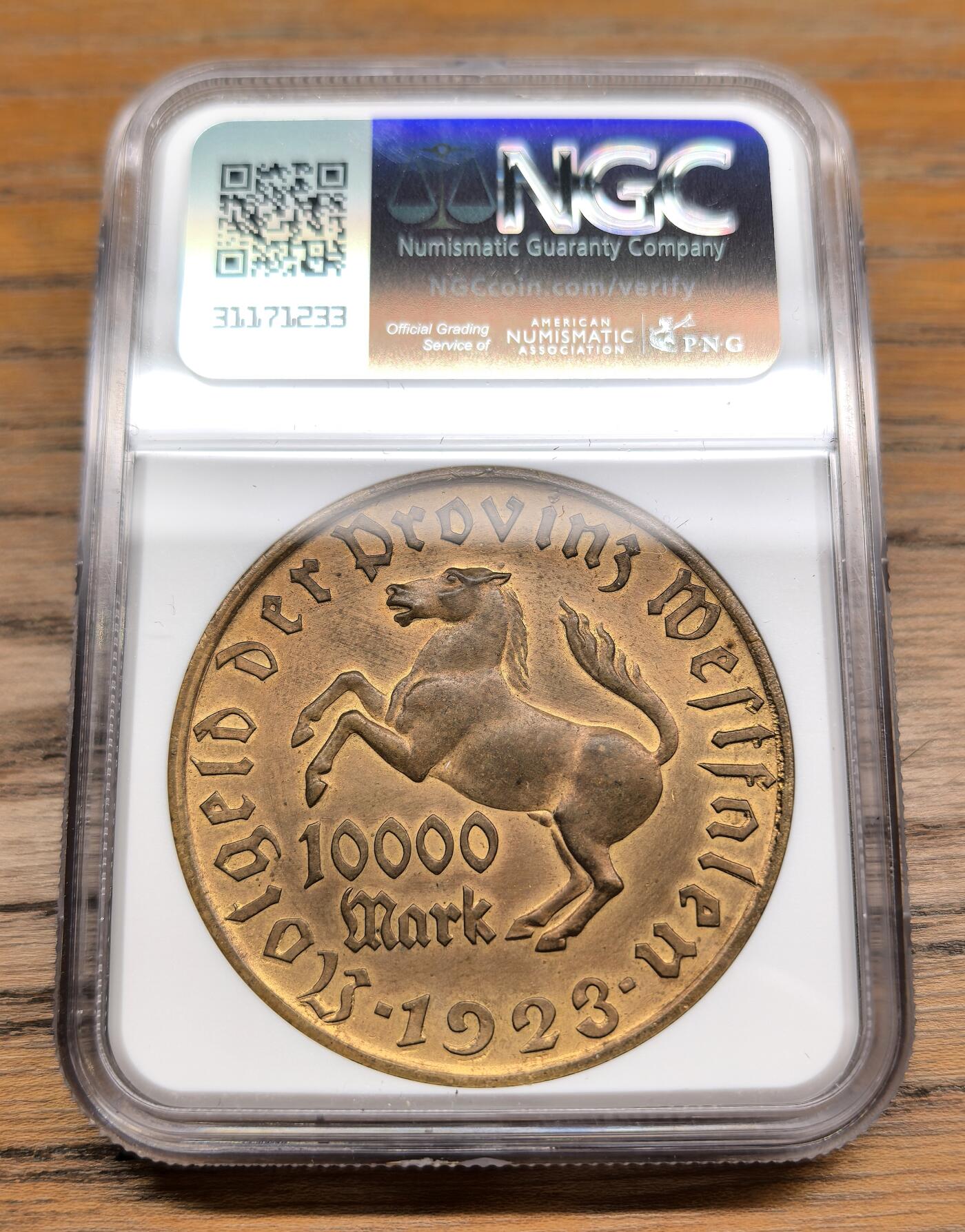 凡希社世界钱币微拍第二百九十一期 1923德紧威斯特伐利亚马币1万马克NGC-MS63