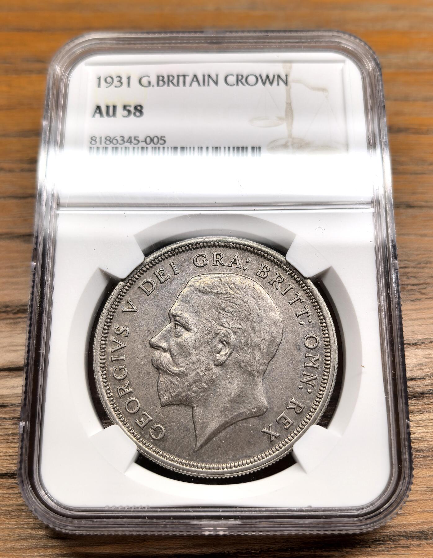 凡希社世界钱币微拍第二百九十一期 1931英国乔五花冠克朗大银NGC-AU58，仅发行4056枚，在所有九个年份里排第四稀有。