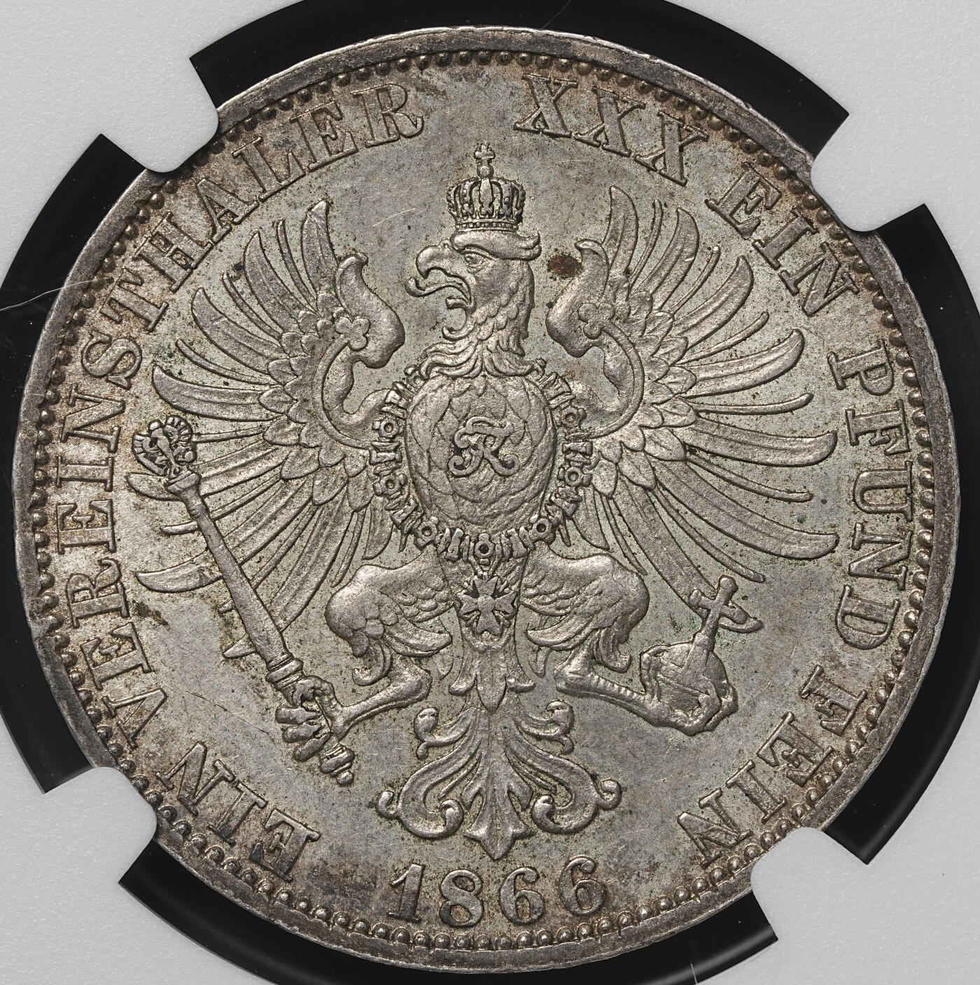 修遠堂世界钱币第四十八期 全场包邮 NGC MS62 1866年普鲁士-普奥战争胜利纪念1泰勒银币  上一期的拍品，买家未付款，继续拍