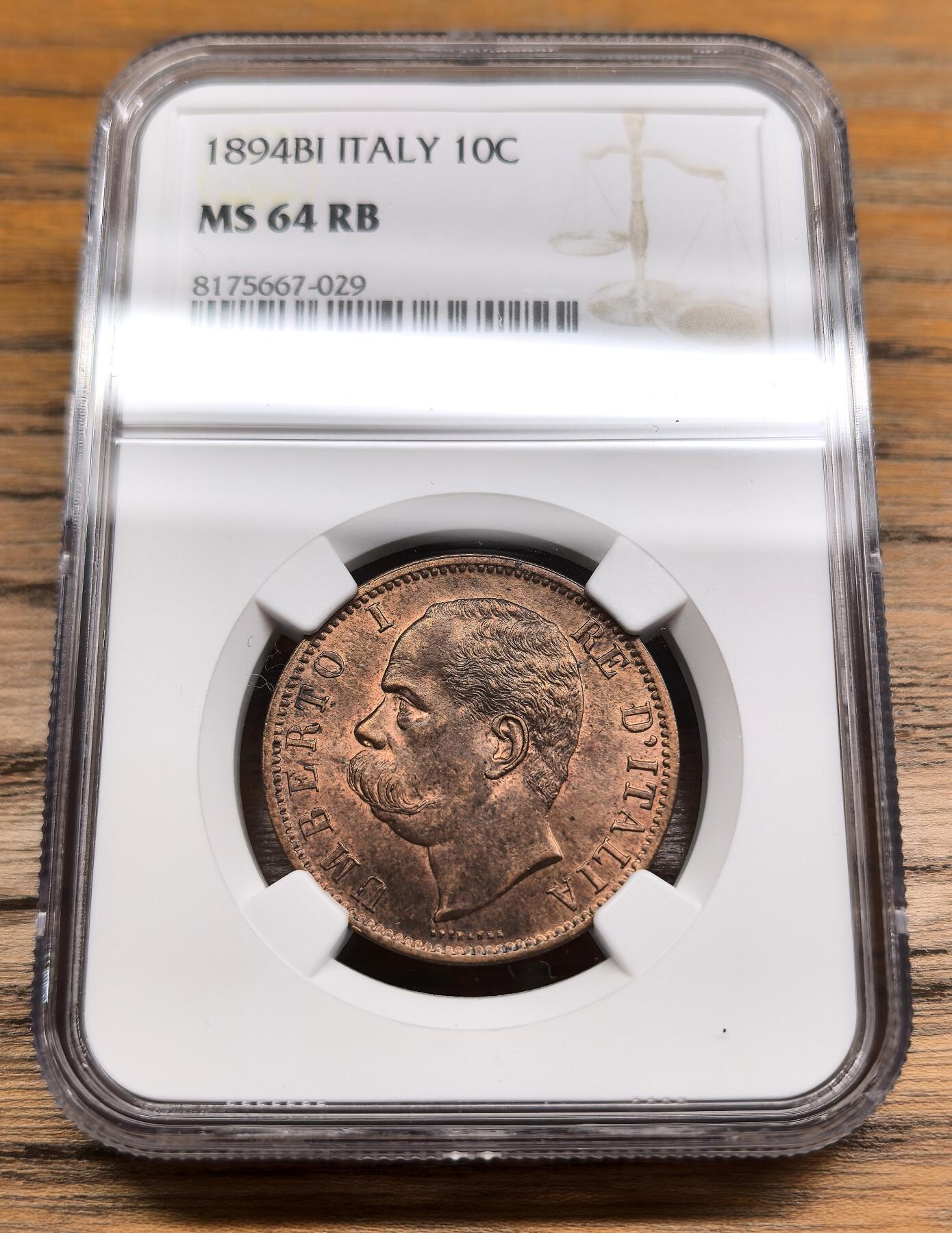 凡希社世界钱币微拍第二百九十一期 1894BI意大利翁贝托10分大铜NGC-MS64