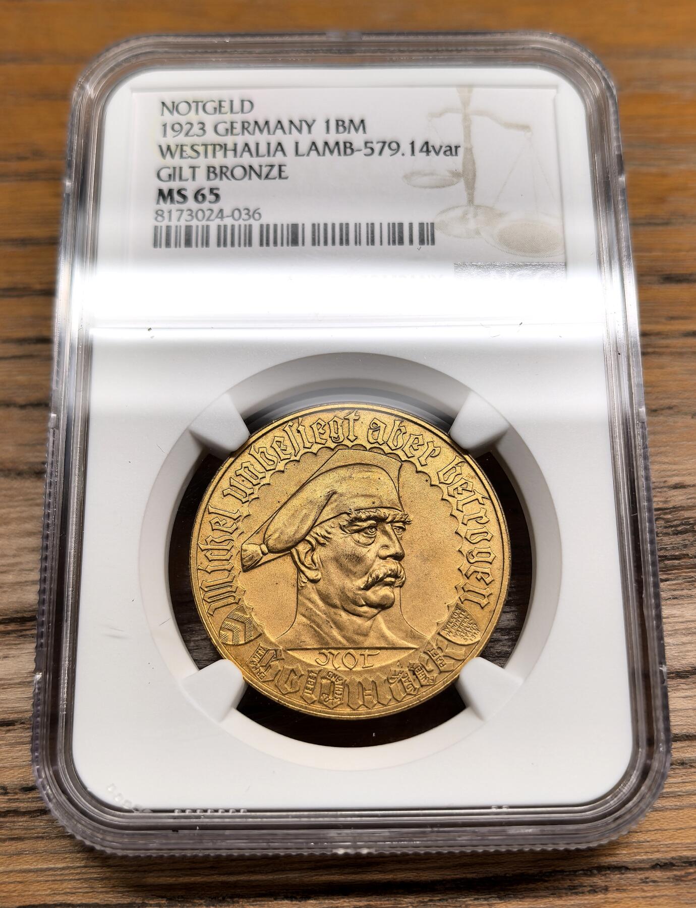 凡希社世界钱币微拍第二百九十一期 1923德紧威斯特伐利亚一百万马克镀金铜币NGC-MS65