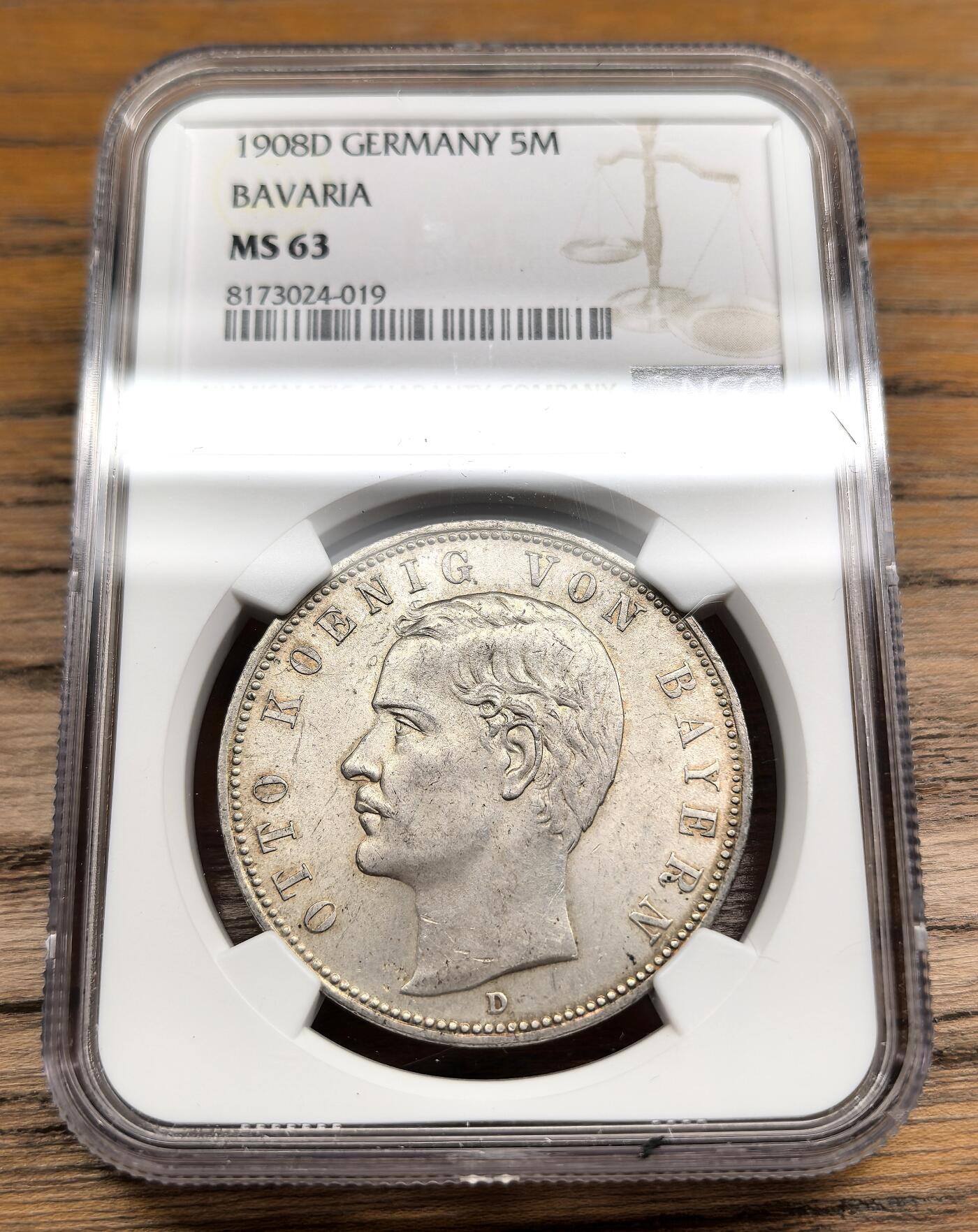 凡希社世界钱币微拍第二百九十一期 1908D德国巴伐利亚5马克大银NGC-MS63