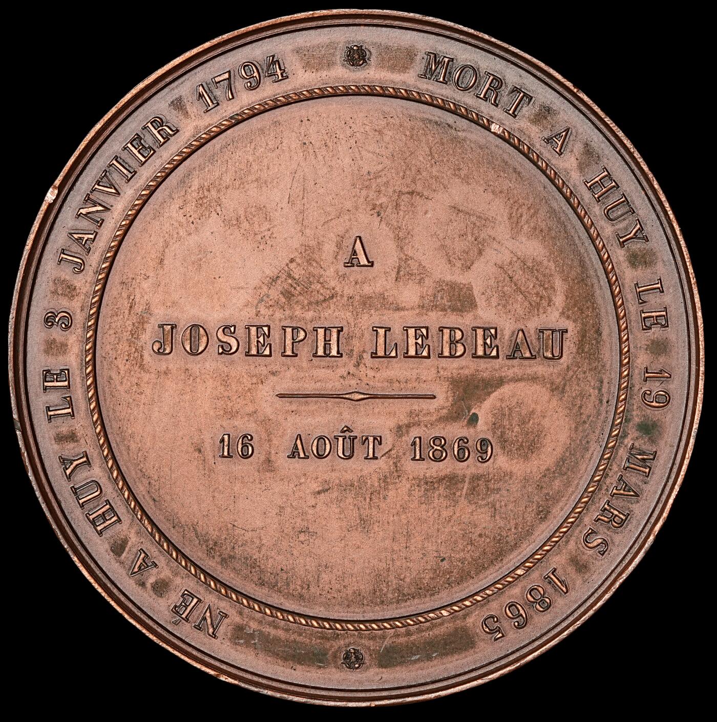修遠堂世界钱币第四十八期 全场包邮 1869年比利时人物纪念大铜章 60mm，99g