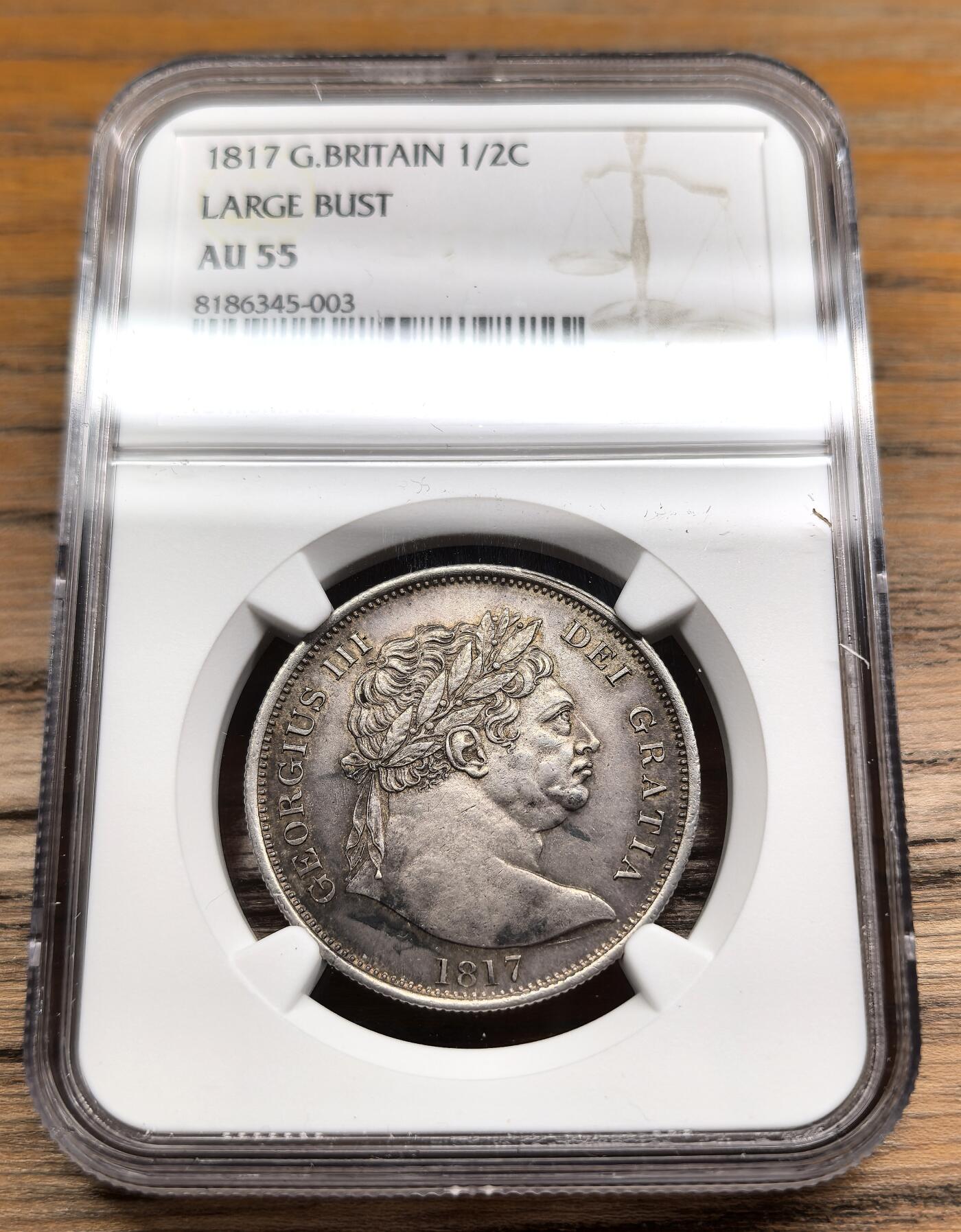 凡希社世界钱币微拍第二百九十一期 1817英国乔三牛头1/2克朗NGC-AU55