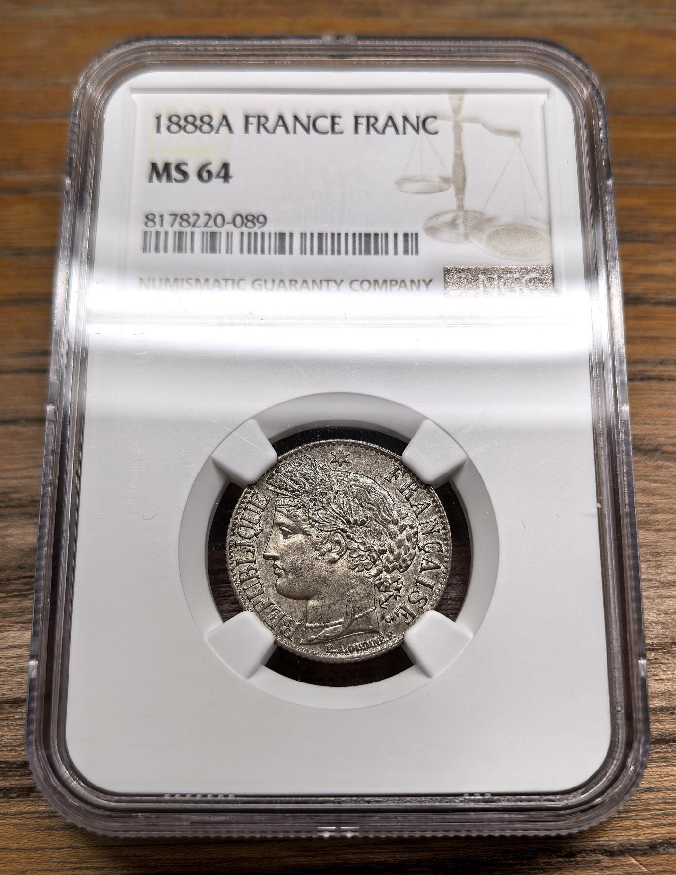 凡希社世界钱币微拍第二百九十一期 1888A法国谷物女神银法郎NGC-MS64