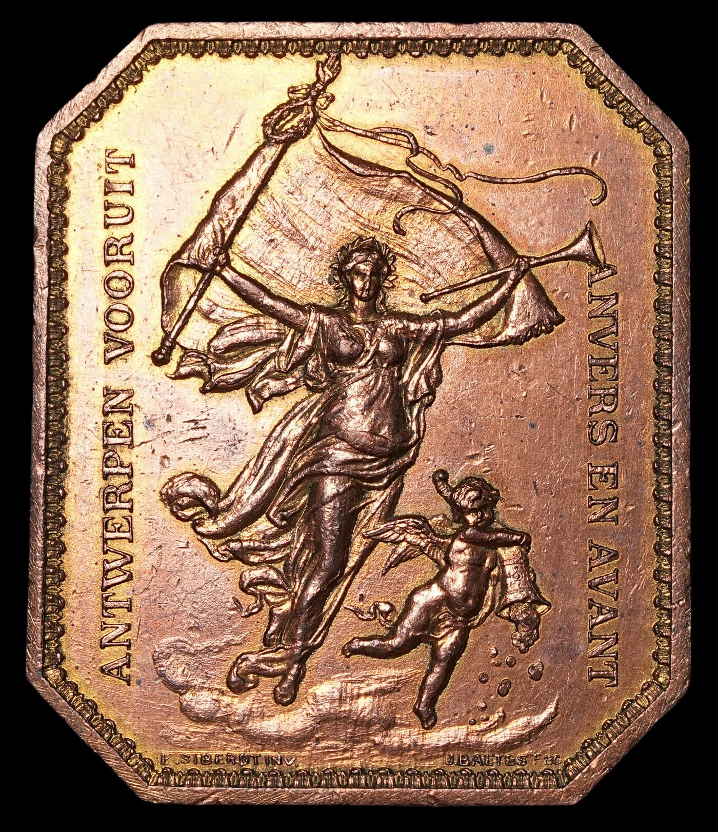 修遠堂世界钱币第四十八期 全场包邮 1894年比利时鎏金异型铜章牌 58X49mm，79g，人像面鎏金层脱落