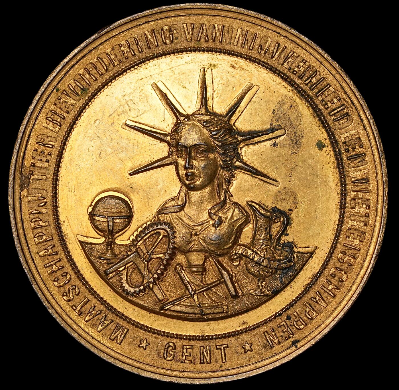 修遠堂世界钱币第四十八期 全场包邮 1893年比利时鎏金大铜章 46mm，41g