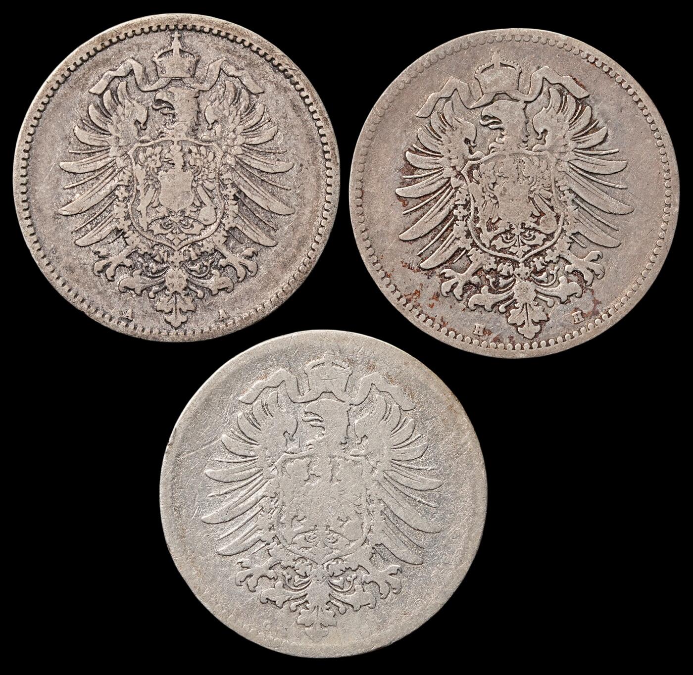 修遠堂世界钱币第四十八期 全场包邮 1874-1875年德国1马克银币3枚 16.04g