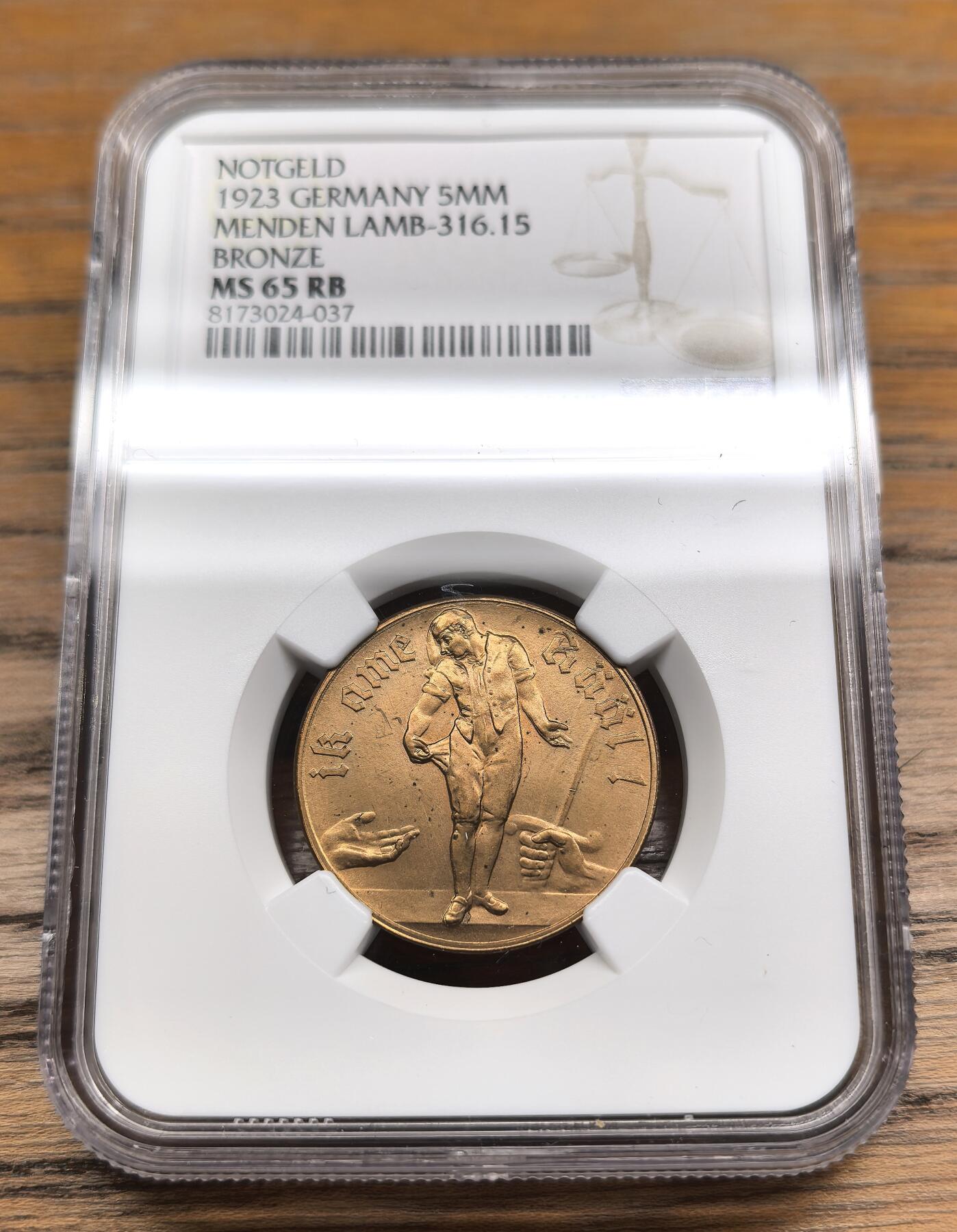 凡希社世界钱币微拍第二百九十一期 1923德紧门登“一个芬尼也没有”5百万马克铜币NGC-MS65，稀有品种收藏级品相！