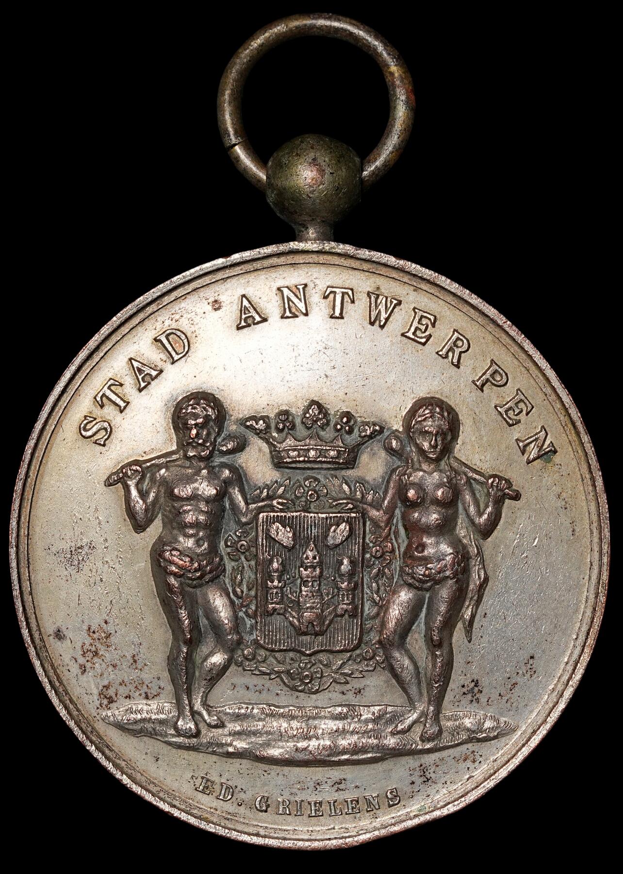 修遠堂世界钱币第四十八期 全场包邮 1893年比利时野人鎏银大铜章 48mm，31.63g 边一磕碰
