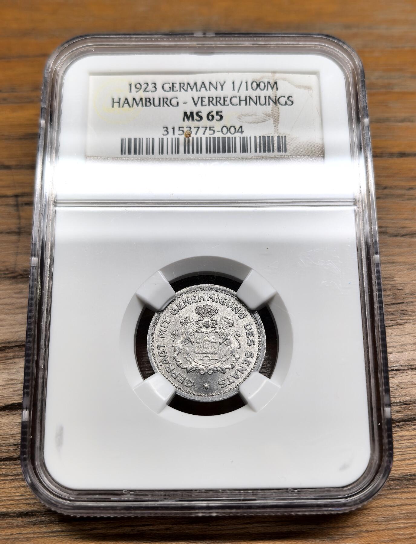 凡希社世界钱币微拍第二百九十一期 1923德紧汉堡银行1/100V马克NGC-MS65