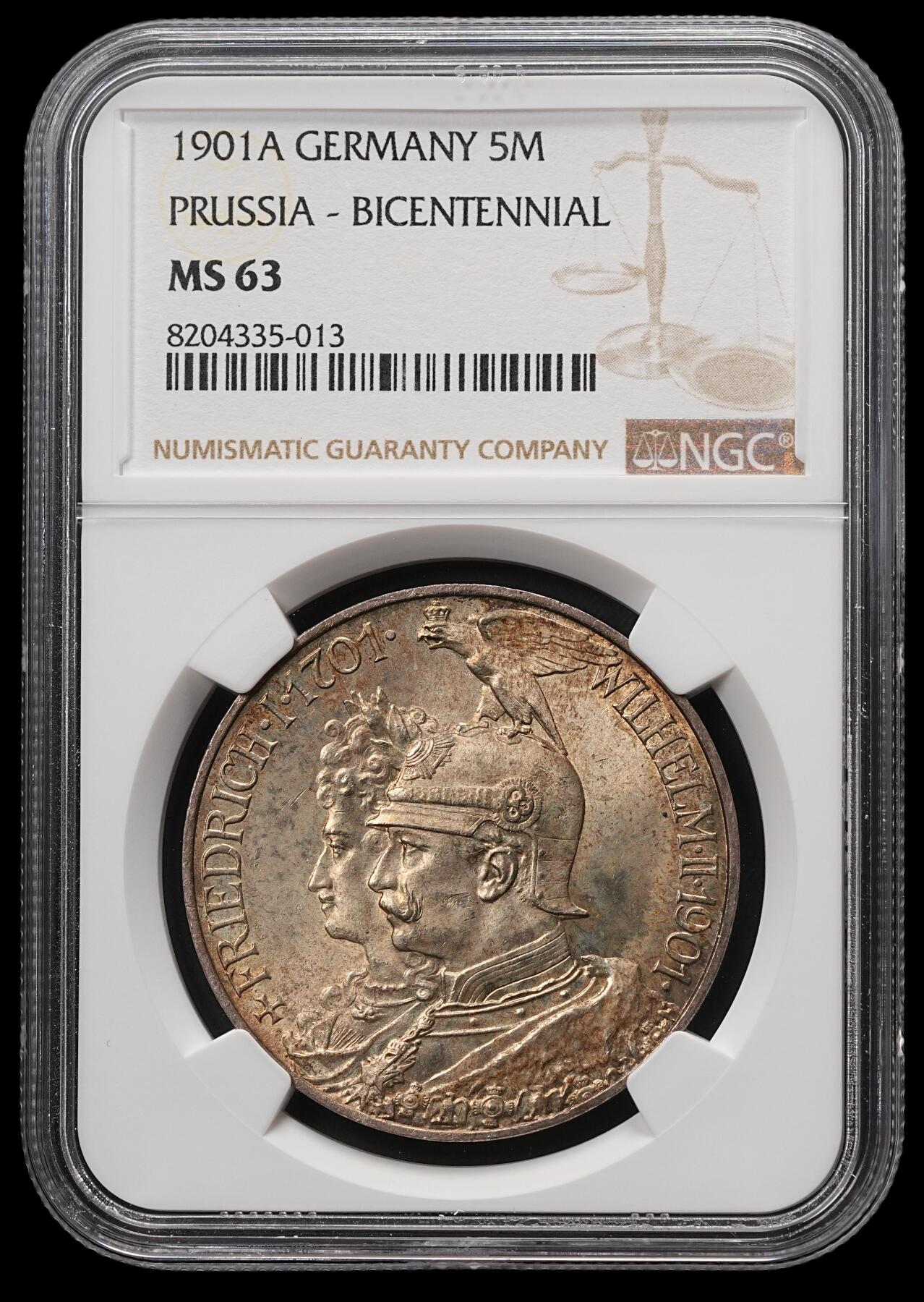 修遠堂世界钱币第四十八期 全场包邮 NGC MS63 1901年普鲁士建国200周年5马克大银币 黄油彩
