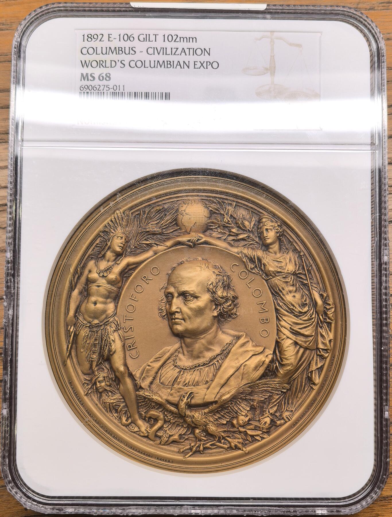 凡希社世界钱币微拍第二百九十一期 罕！1892原铸哥伦布发现美洲大陆400周年102mm镀金大铜章 ，含铜89.62%金10.18% ，名家Ludovico Pogliaghi设计，Angelo Cappuccio雕刻，N唯一最高分，结合了艺术、历史和收藏属性的顶级名章！(视频参考)