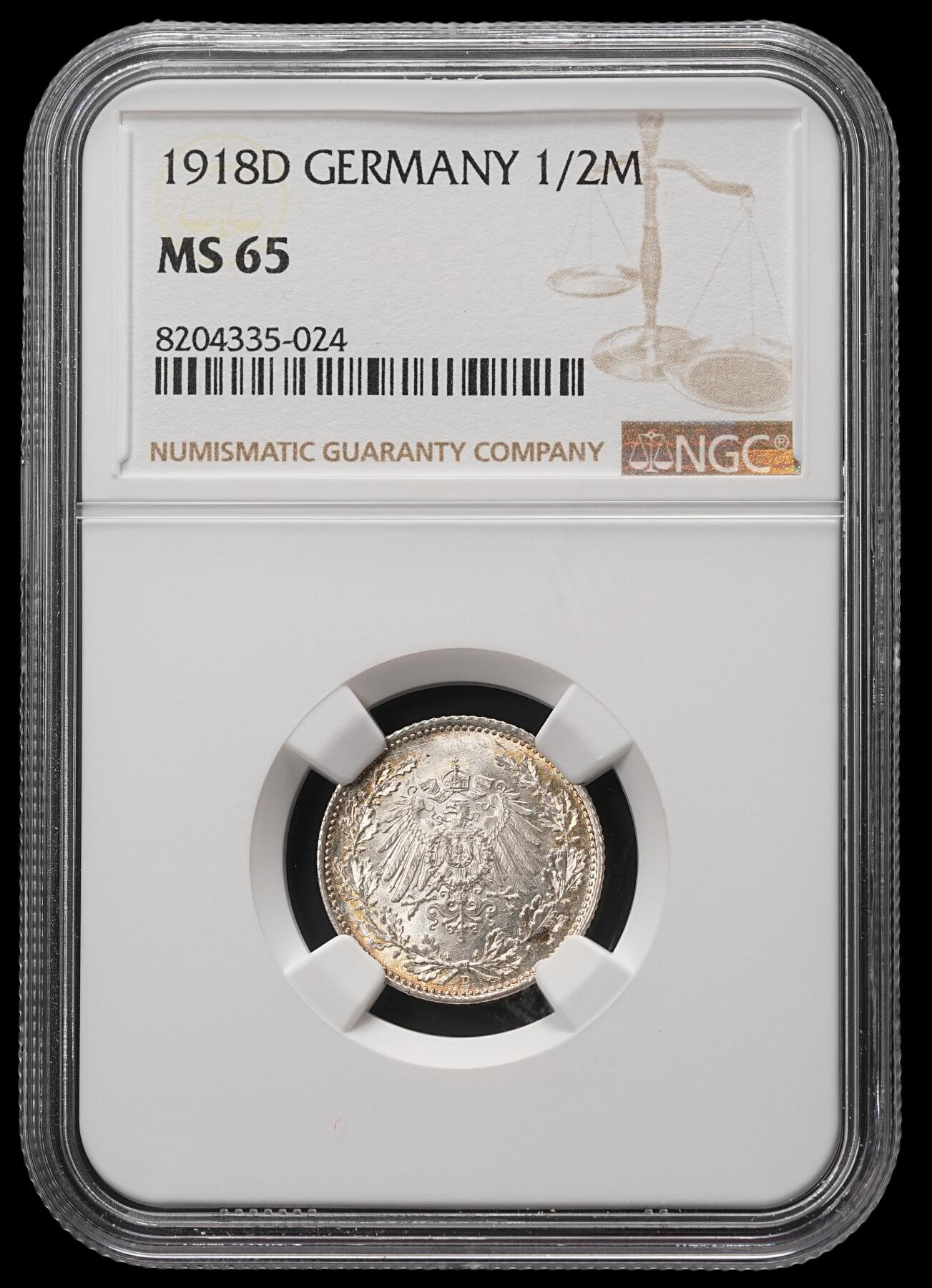 修遠堂世界钱币第四十八期 全场包邮 NGC MS65 1918年德国1/2马克银币 D厂铭