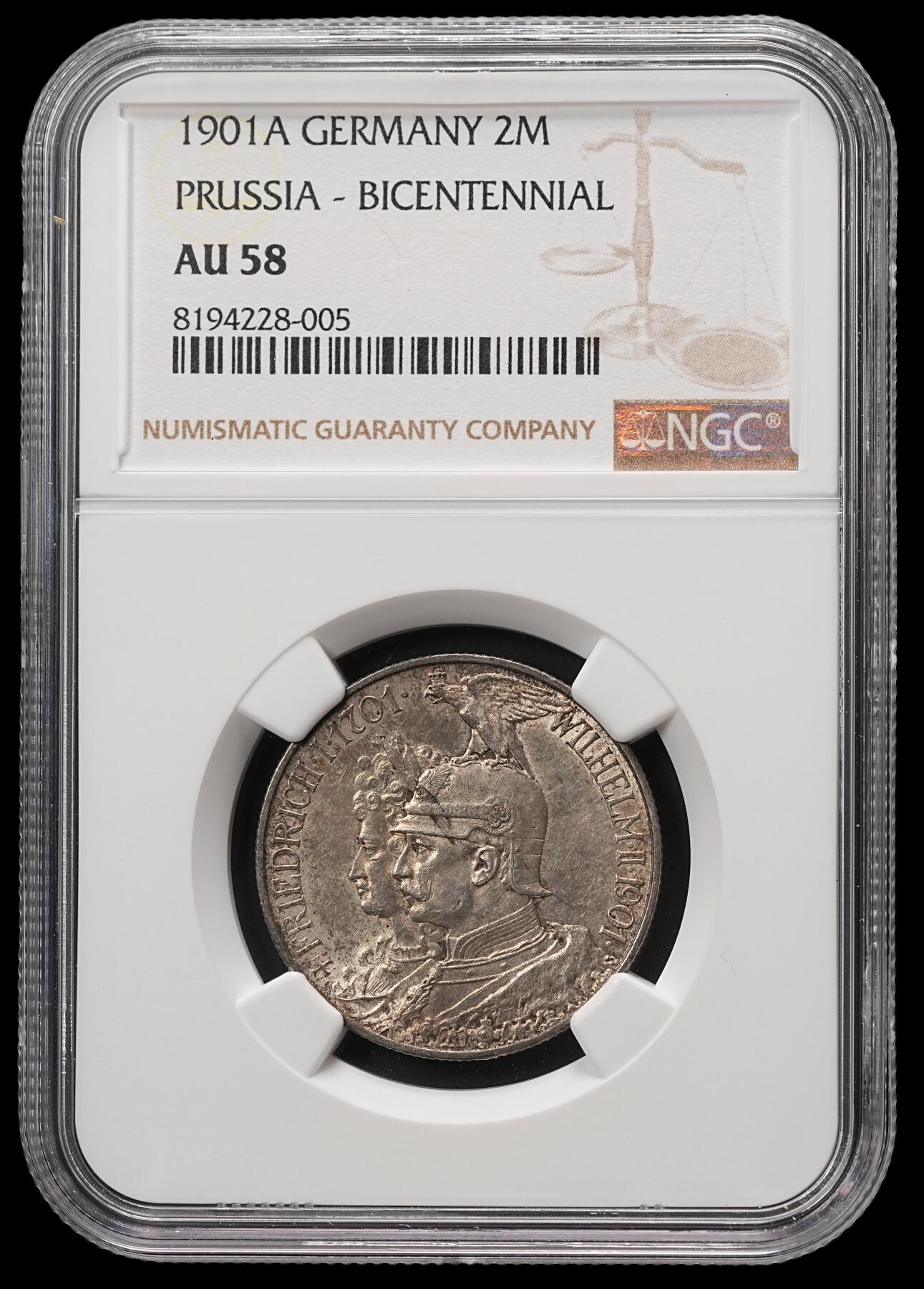 修遠堂世界钱币第四十八期 全场包邮 NGC AU58 1901年普鲁士建国200周年2马克银币
