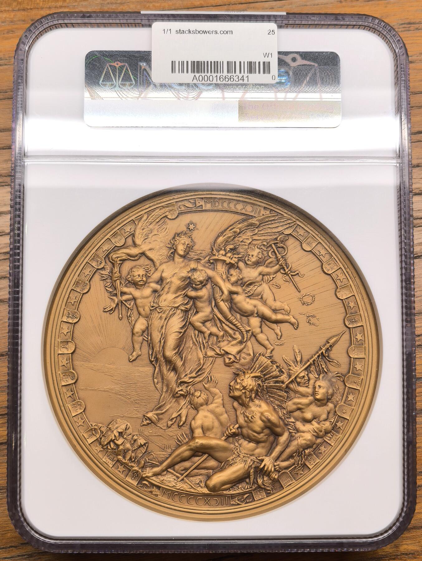 凡希社世界钱币微拍第二百九十一期 罕！1892原铸哥伦布发现美洲大陆400周年102mm镀金大铜章 ，含铜89.62%金10.18% ，名家Ludovico Pogliaghi设计，Angelo Cappuccio雕刻，N唯一最高分，结合了艺术、历史和收藏属性的顶级名章！(视频参考)
