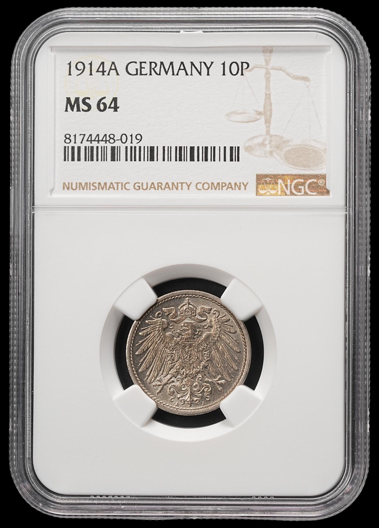 修遠堂世界钱币第四十八期 全场包邮 NGC MS64 1914年德国10芬尼 A厂铭