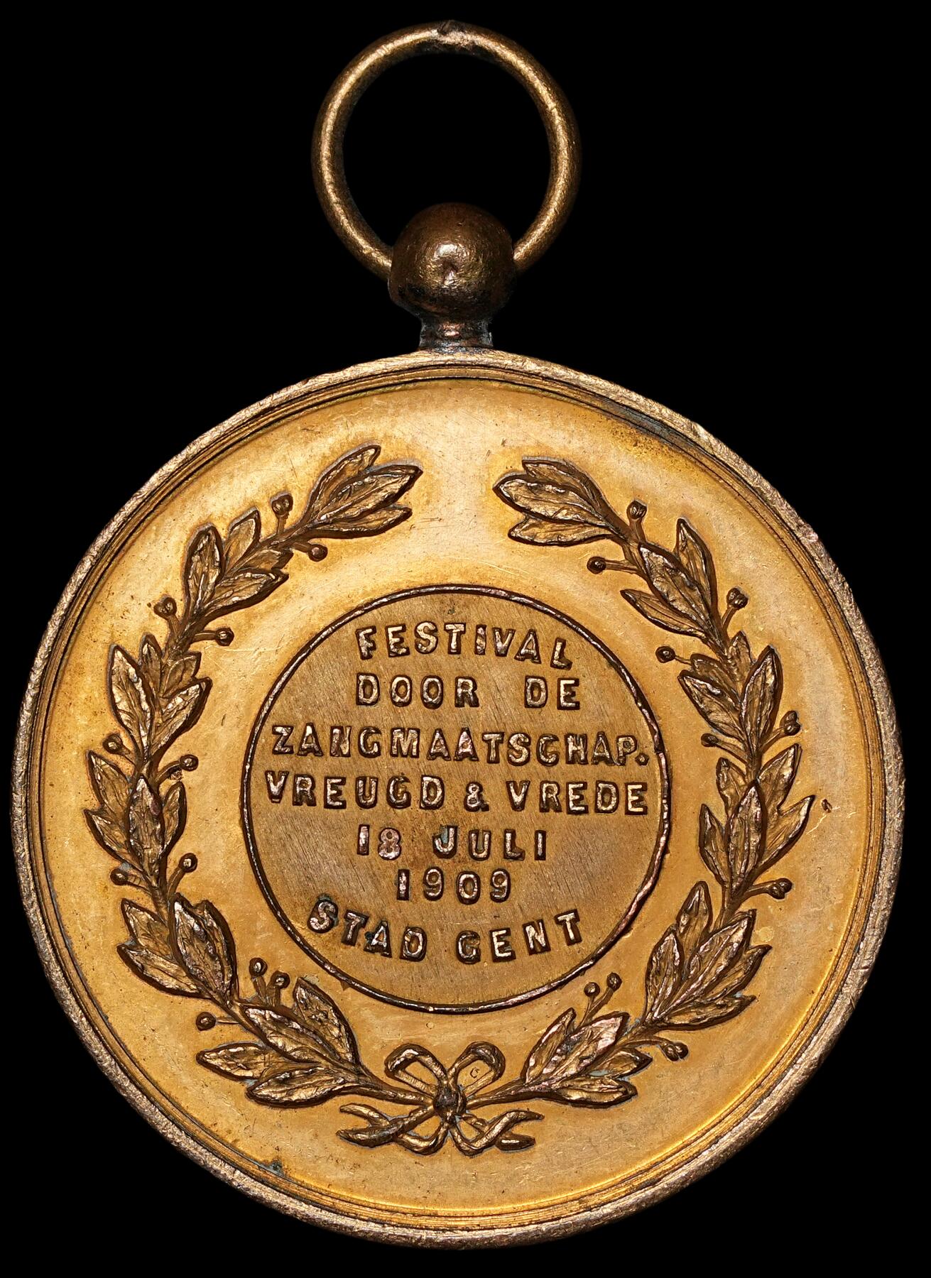 修遠堂世界钱币第四十八期 全场包邮 1909年比利时鎏金铜章 41mm，28g