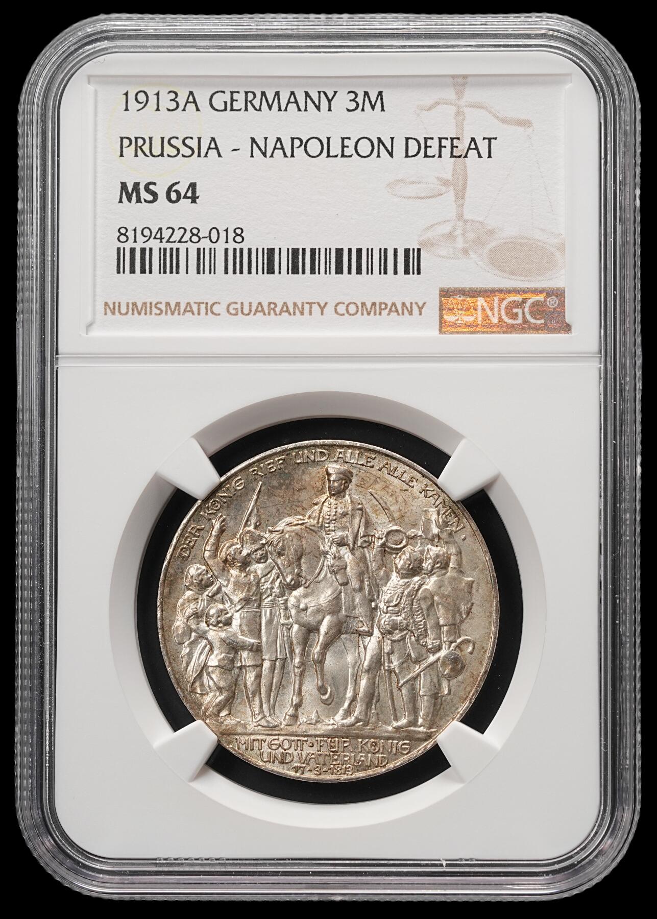 修遠堂世界钱币第四十八期 全场包邮 NGC MS64 1913年普鲁士战胜拿破仑百年纪念3马克银币