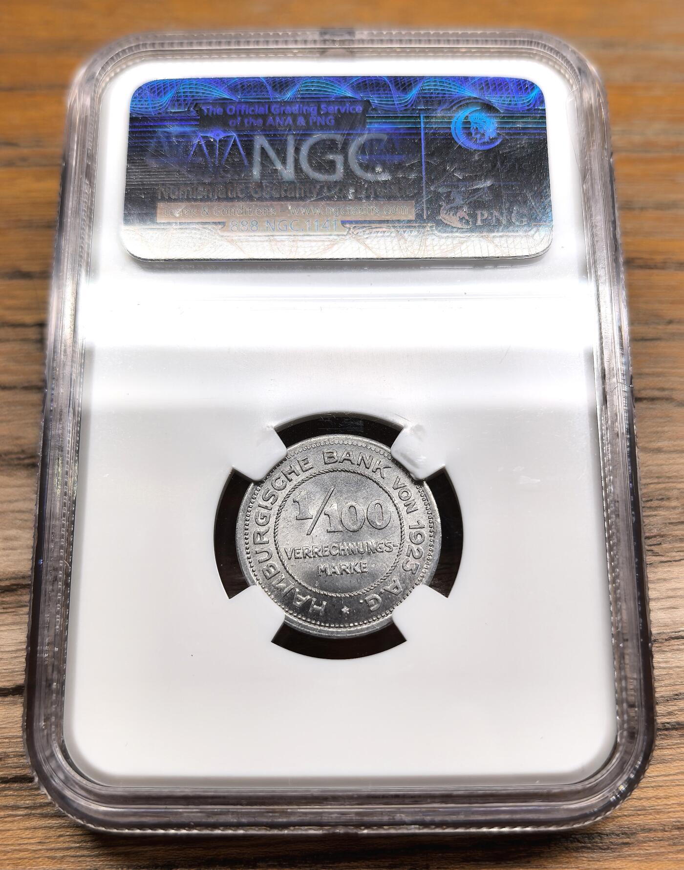 凡希社世界钱币微拍第二百九十一期 1923德紧汉堡银行1/100V马克NGC-MS65