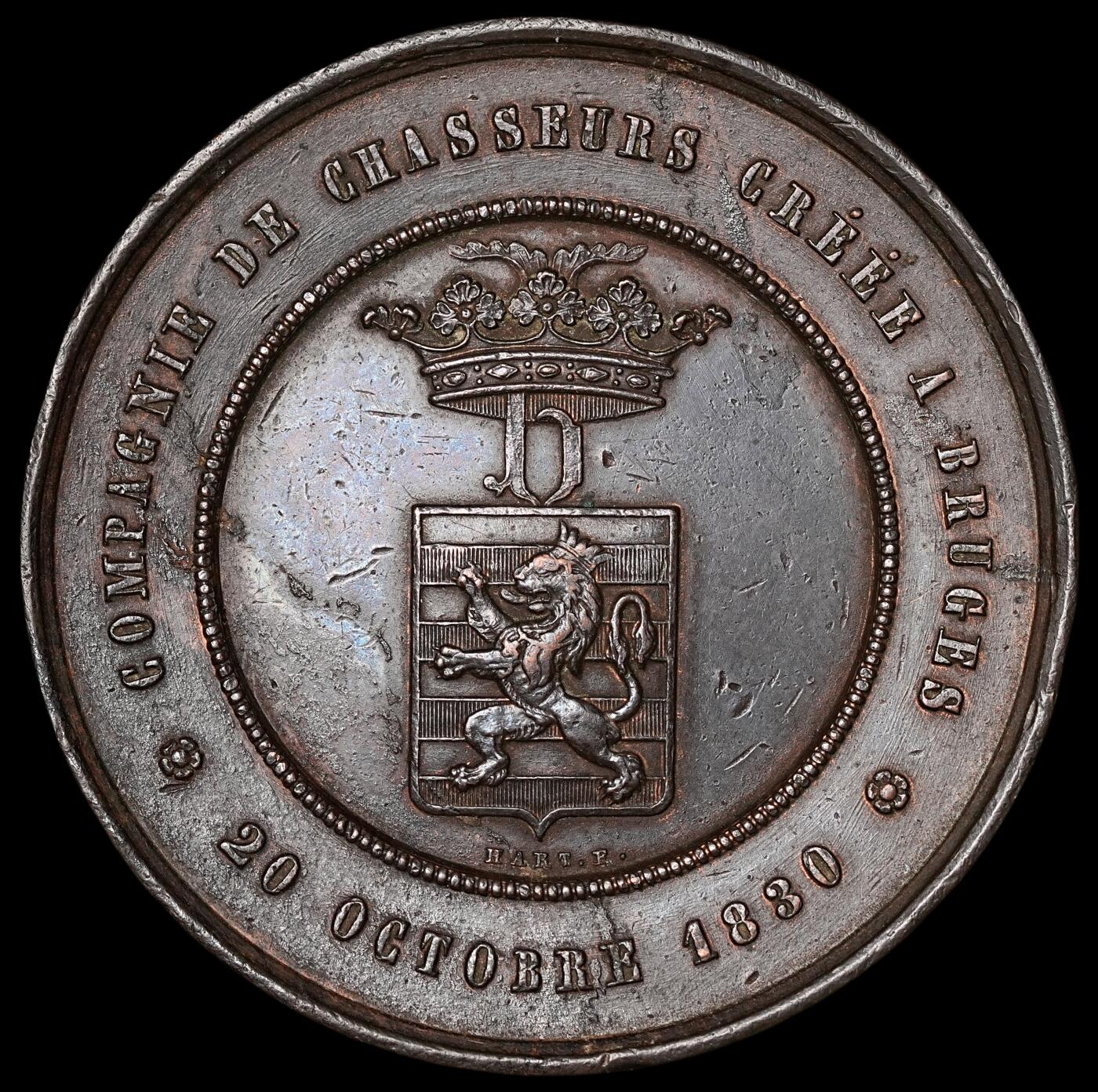 修遠堂世界钱币第四十八期 全场包邮 1880年比利时射击协会大铜章 54mm,66.20g