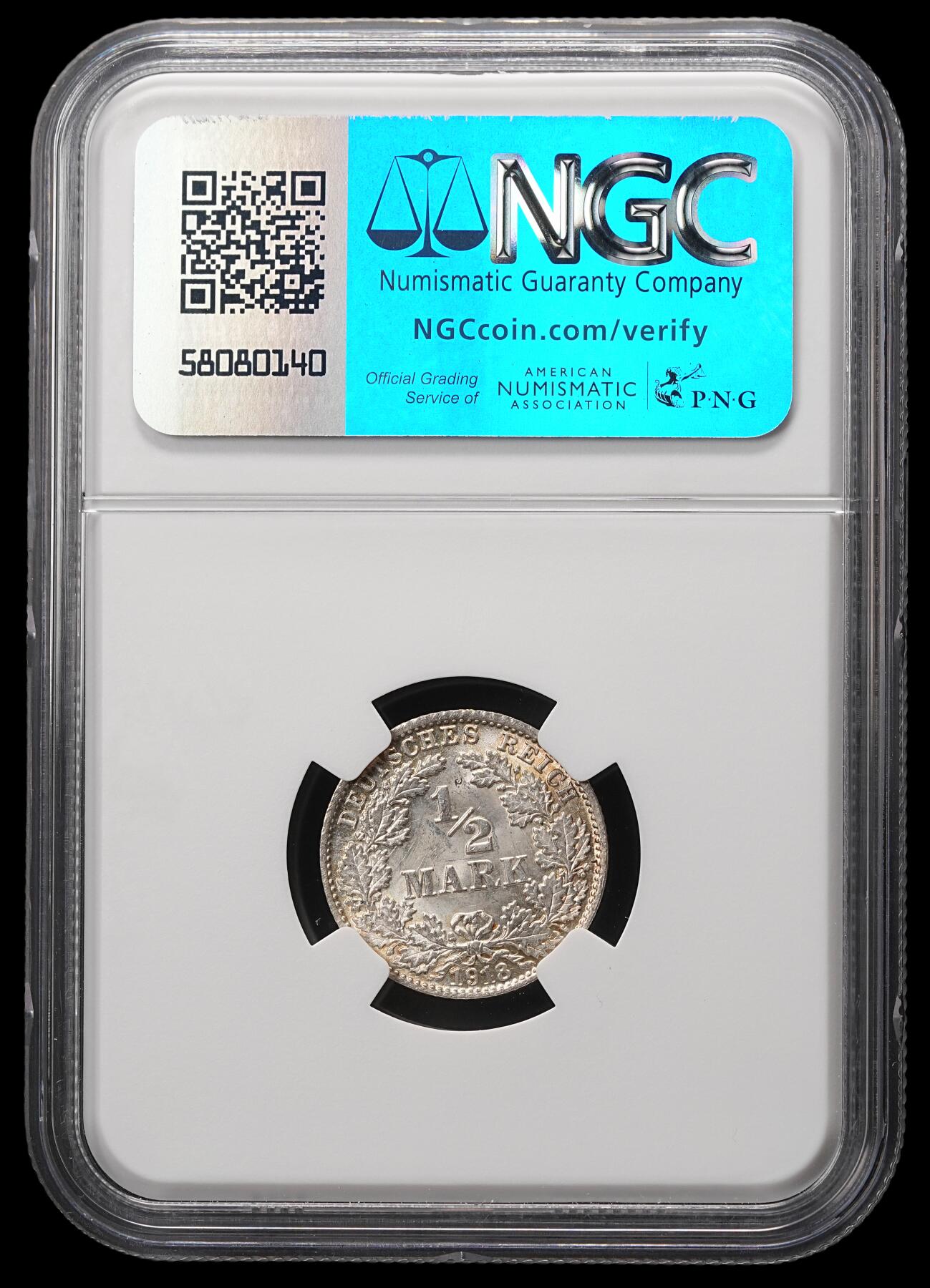 修遠堂世界钱币第四十八期 全场包邮 NGC MS65 1918年德国1/2马克银币 D厂铭