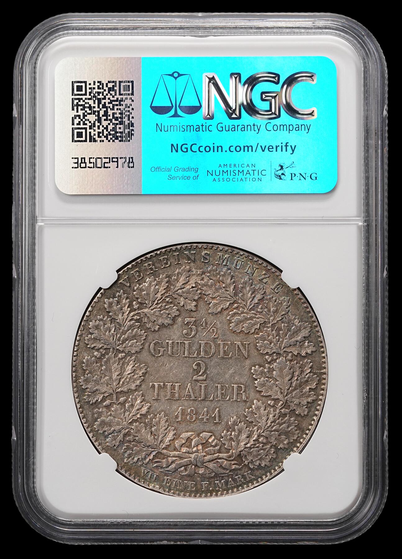 修遠堂世界钱币第四十八期 全场包邮 大热门品种 NGC AU53 1841年法兰克福城市景观2泰勒大银币 五彩包浆