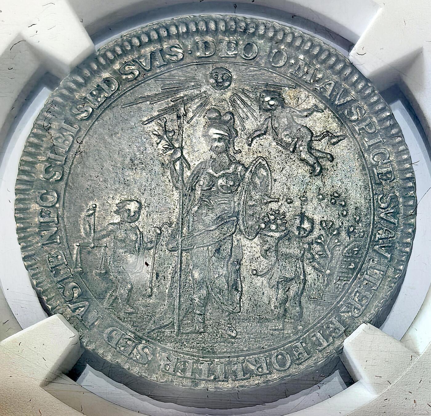 凡希社世界钱币微拍第二百九十一期 荐！1770德国施佩尔主教区雅典娜与天使1/2泰勒NGC-MS61，一年型，纹章繁复精美，压铸细节出色，养眼的欧陆灰蓝绿五彩，引人入胜的一枚巴洛克风格主教区系列！(视频参考)