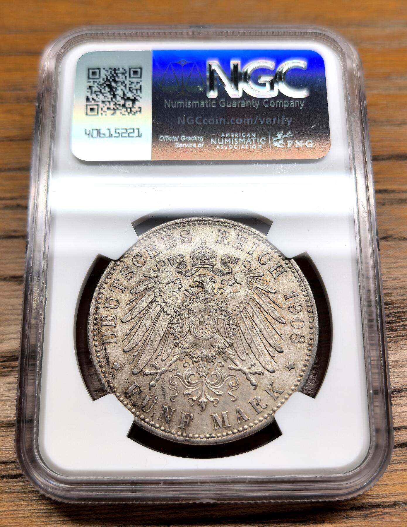 凡希社世界钱币微拍第二百九十一期 1908D德国巴伐利亚5马克大银NGC-MS63