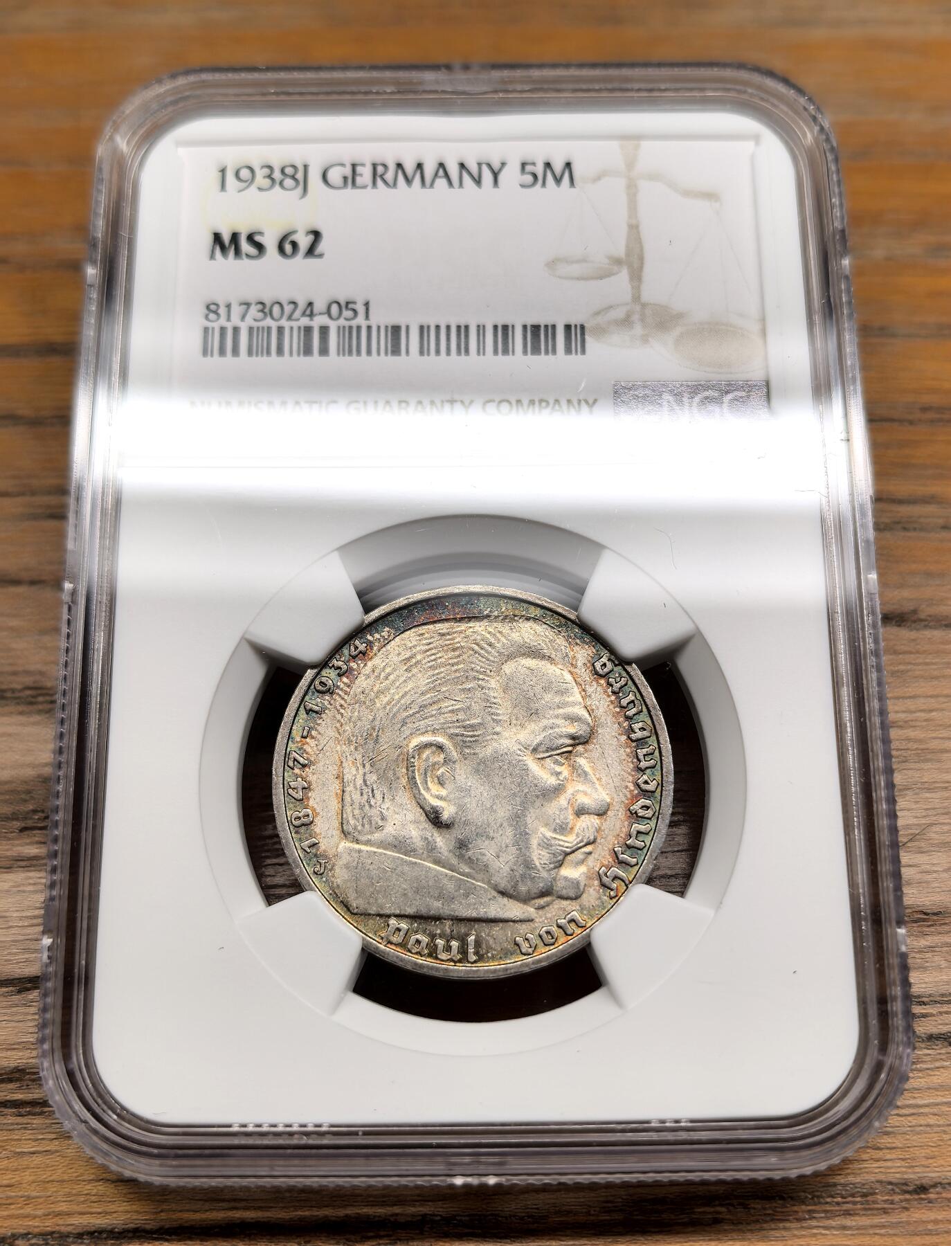 凡希社世界钱币微拍第二百九十一期 1938J德国兴登堡万字5马克NGC-MS62