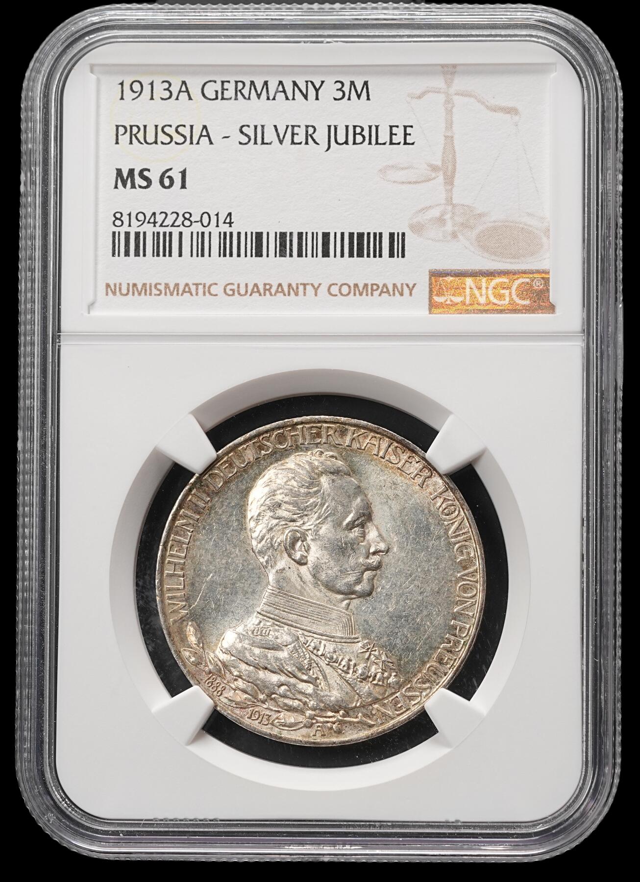 修遠堂世界钱币第四十八期 全场包邮 NGC MS61 1913年普鲁士威廉二世登基25周年纪念3马克银币