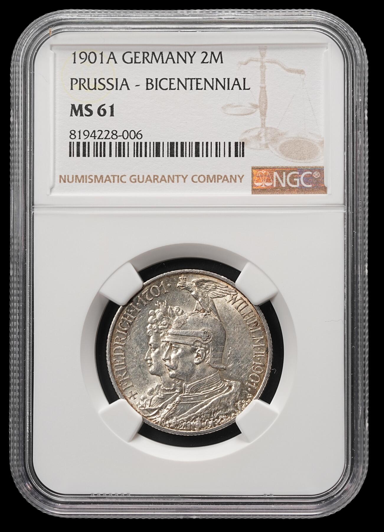 修遠堂世界钱币第四十八期 全场包邮 NGC MS61 1901年普鲁士建国200周年2马克银币