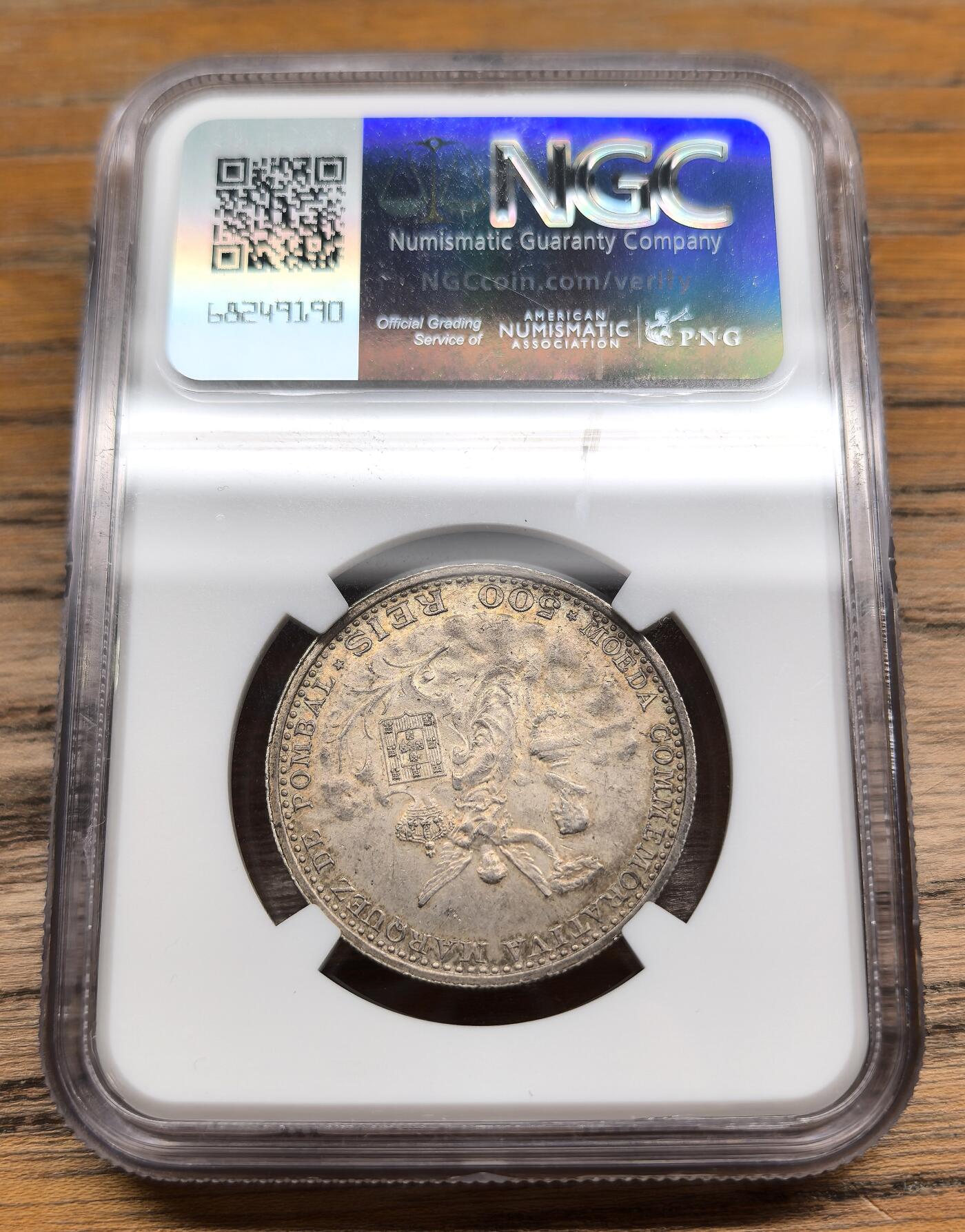 凡希社世界钱币微拍第二百九十一期 1910葡萄牙王国彭巴尔侯爵纪念500R银币NGC-AU58