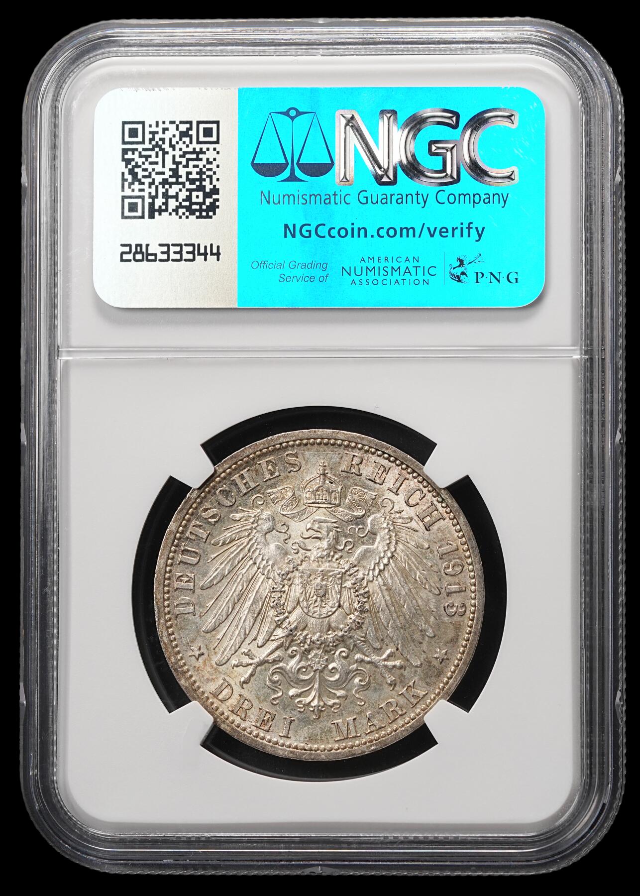 修遠堂世界钱币第四十八期 全场包邮 NGC MS61 1913年普鲁士威廉二世登基25周年纪念3马克银币